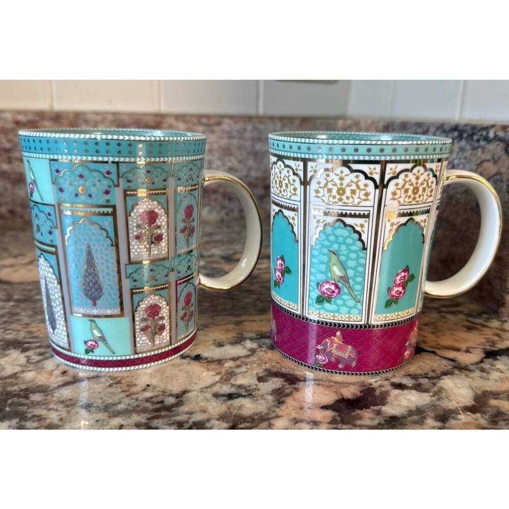 Good Earth Serai fine bone china tall mugs Set Of 2 W/ Hand painted Gold Details
